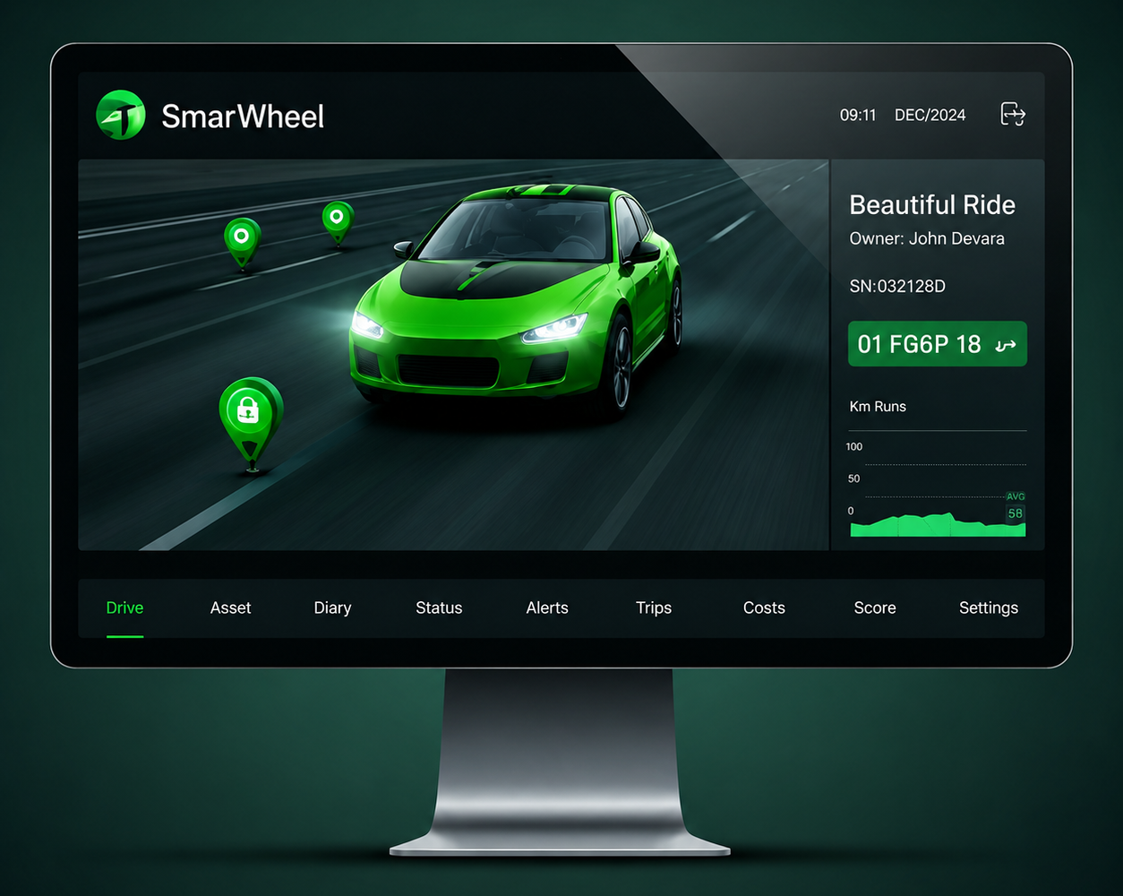 SmartWheel enterprise fleet dashboard with live map and vehicle telemetry